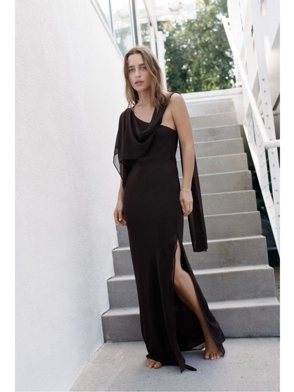 ZARA LINGERIE COLLECTION Brown Chiffon One Shoulder Lined Scarf Maxi Dress